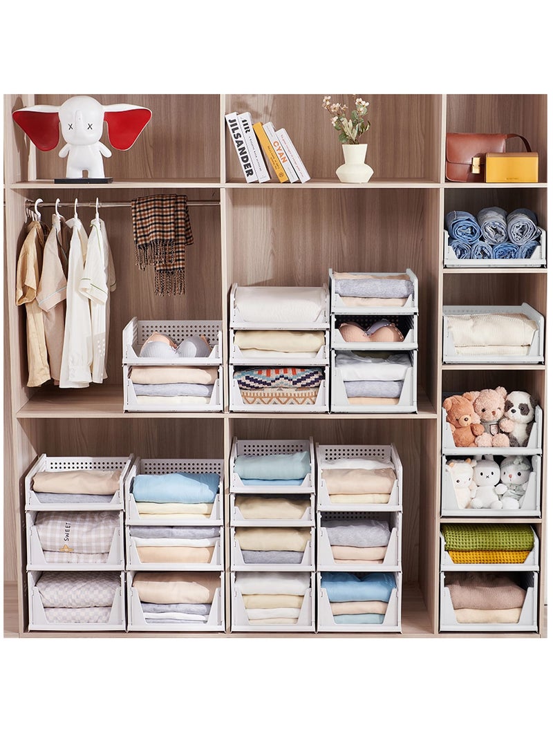 Excefore Stackable Plastic Storage Basket, Foldable Closet Organizers and Storage Bins, Drawer Shelf Storage Container for Wardrobe Cupboard Bedroom Bathroom Office, White Large, 2 Pack - Image 2