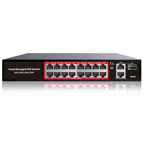 STEAMEMO PoE Switch, 16 Port Managed POE+ Ethernet Switch(16 POE+ Ports+2 Gigabit Uplink,1 x 1.25G SFP), 240W Built-in Power, Support VLAN, QoS, Fanless Metal, Plug & Play(Wall Mount/Rack Mount) - Image 1