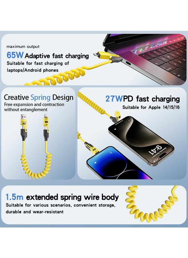 4 in 1 USB C Charging Cable for Car,65W Fast Charging Cable,USB C to Type C to Lightning Charger Cord for iPhone iPad Mac Samsung,Rebound Tidy Multi Charger Cord
