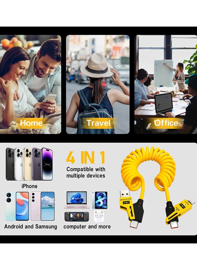 4 in 1 USB C Charging Cable for Car,65W Fast Charging Cable,USB C to Type C to Lightning Charger Cord for iPhone iPad Mac Samsung,Rebound Tidy Multi Charger Cord