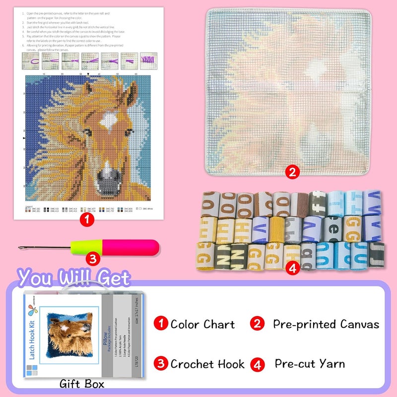 LAPATAIN Latch Hook Kits for DIY Throw Pillow Cover,Needlework Cushion Cover Hand Craft Crochet for Great Family 15.7X15.7inch(Horse) - Image 2