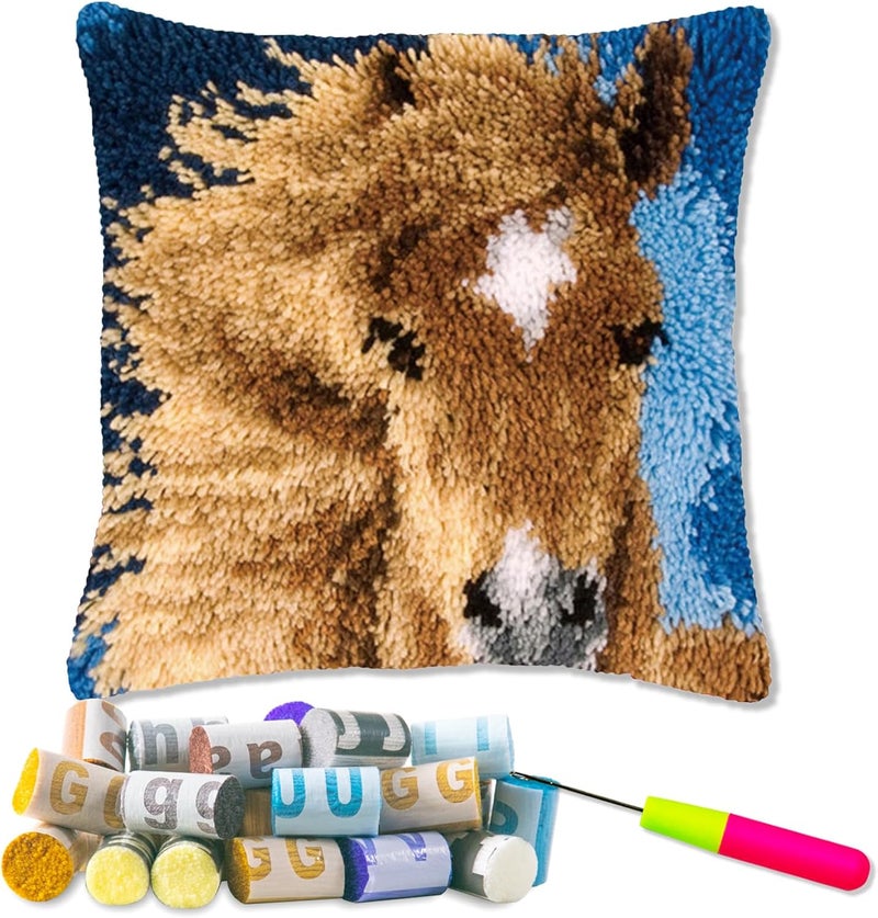 LAPATAIN Latch Hook Kits for DIY Throw Pillow Cover,Needlework Cushion Cover Hand Craft Crochet for Great Family 15.7X15.7inch(Horse) - Image 1