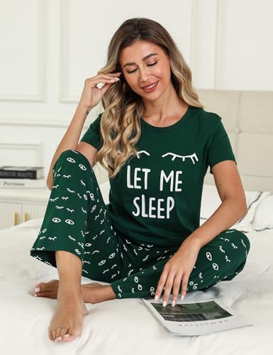 EISHOPEER Womens Pajamas Sets Cute Print Short Sleeve Sleepwear Soft Pj Sets Green XL - Image 2