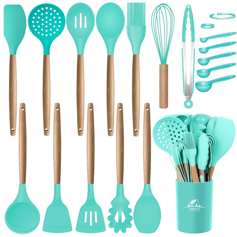 MIBOTE Silicone Cooking Kitchen Utensils Set with Holder Wooden Handles Cooking Tool BPA Free Turner Tongs Spatula Spoon Kitchen Gadgets Set for Nonstick Cookware Teal