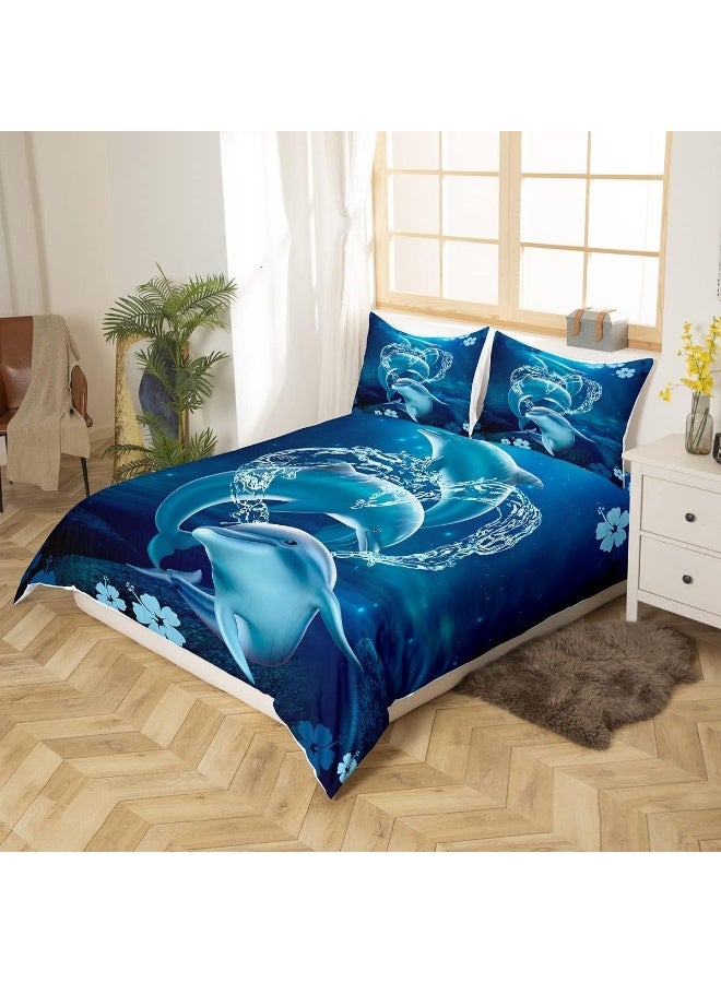 Castle Fairy 3D Dolphin Duvet Cover, Kids Moonlight at Night Bedding Set, Sea Animals Comforter Cover for Boys Girls Room Decor, Dolphin Jumping Lightweight Bedspread Cover Twin Size with 1 Pillow Case  - Image 2