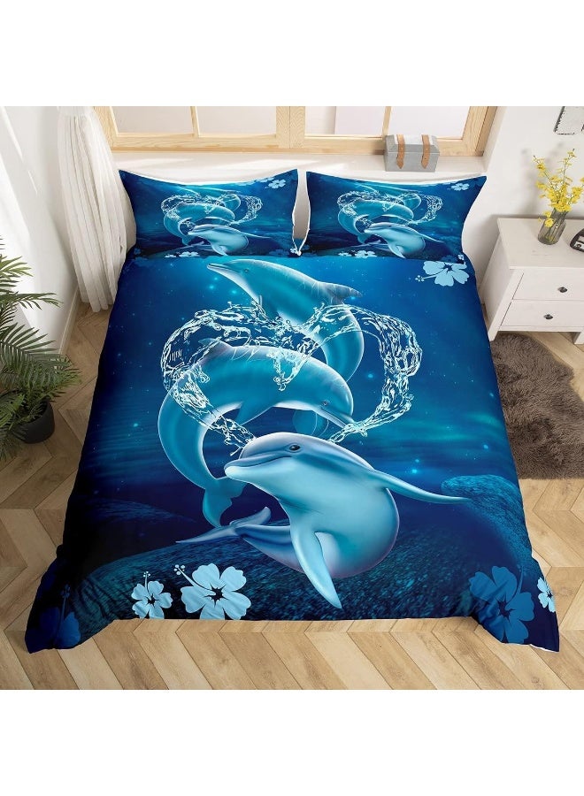 Castle Fairy 3D Dolphin Duvet Cover, Kids Moonlight at Night Bedding Set, Sea Animals Comforter Cover for Boys Girls Room Decor, Dolphin Jumping Lightweight Bedspread Cover Twin Size with 1 Pillow Case  - Image 1