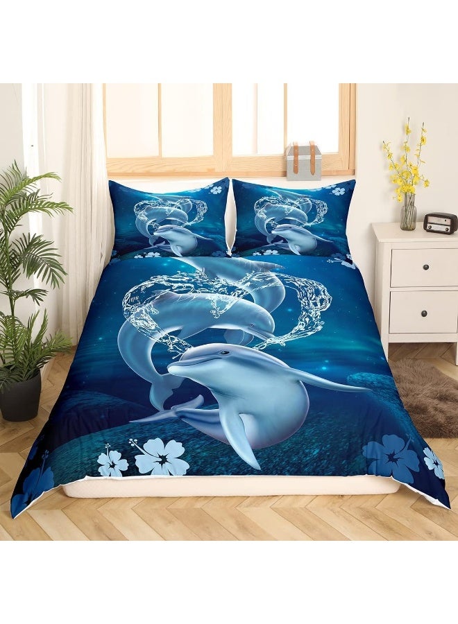 Castle Fairy 3D Dolphin Duvet Cover, Kids Moonlight at Night Bedding Set, Sea Animals Comforter Cover for Boys Girls Room Decor, Dolphin Jumping Lightweight Bedspread Cover Twin Size with 1 Pillow Case  - Image 3