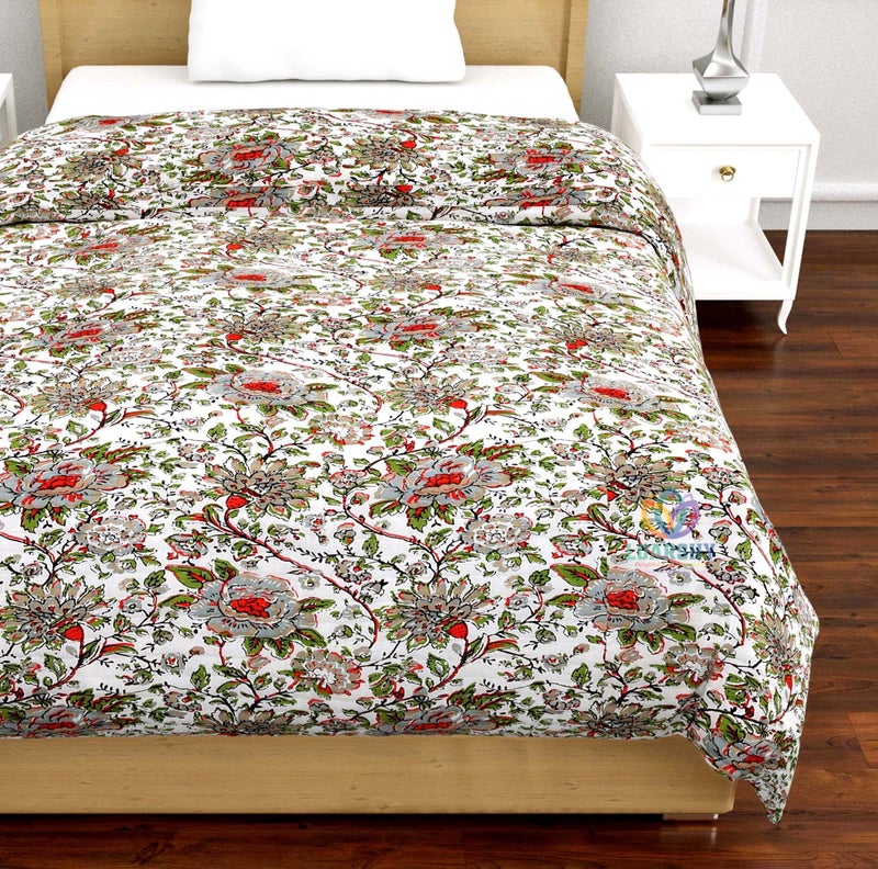 LOARSHY Jaipuri Cotton Razai Red Green Multi Color Flower Printed Quilt Traditional Warm Soft Floral Designer Rajai for Single Bed (55X85 Size) - Image 3