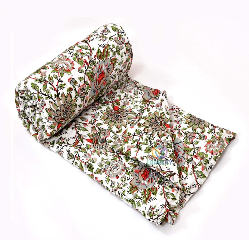 LOARSHY Jaipuri Cotton Razai Red Green Multi Color Flower Printed Quilt Traditional Warm Soft Floral Designer Rajai for Single Bed (55X85 Size) - Image 5