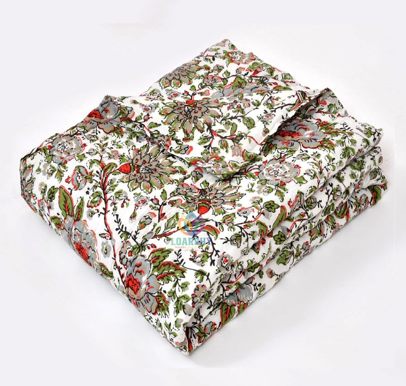 LOARSHY Jaipuri Cotton Razai Red Green Multi Color Flower Printed Quilt Traditional Warm Soft Floral Designer Rajai for Single Bed (55X85 Size) - Image 4