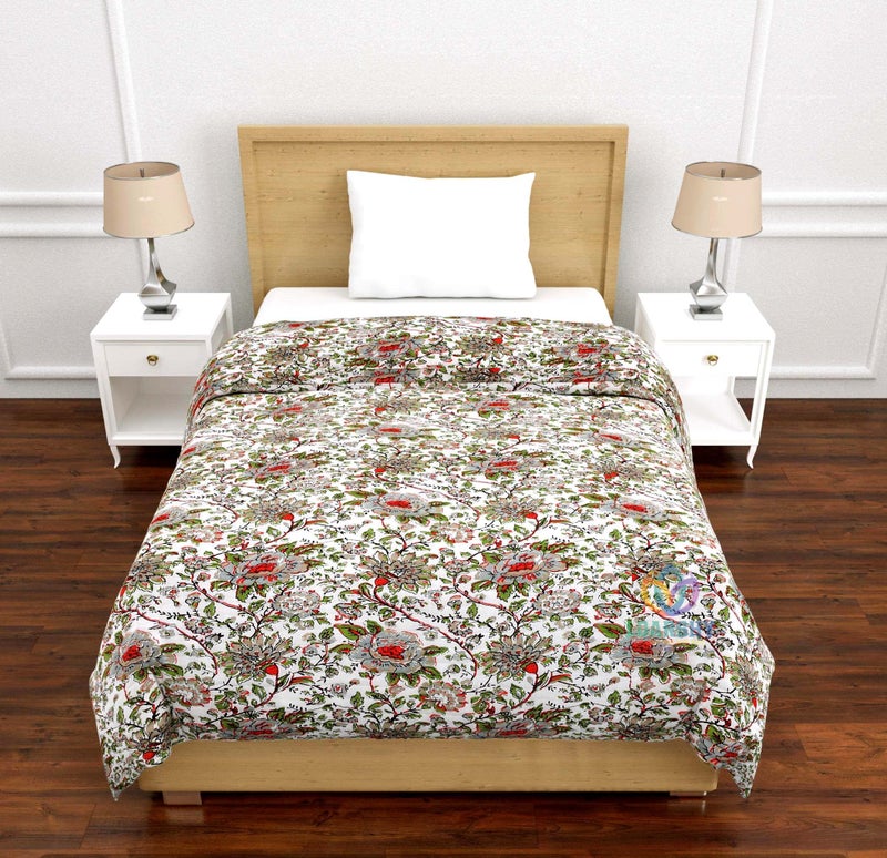 LOARSHY Jaipuri Cotton Razai Red Green Multi Color Flower Printed Quilt Traditional Warm Soft Floral Designer Rajai for Single Bed (55X85 Size) - Image 1