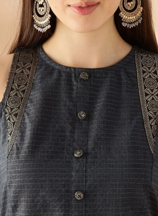 أبهشتي Gold zari check kurta- midnight blue