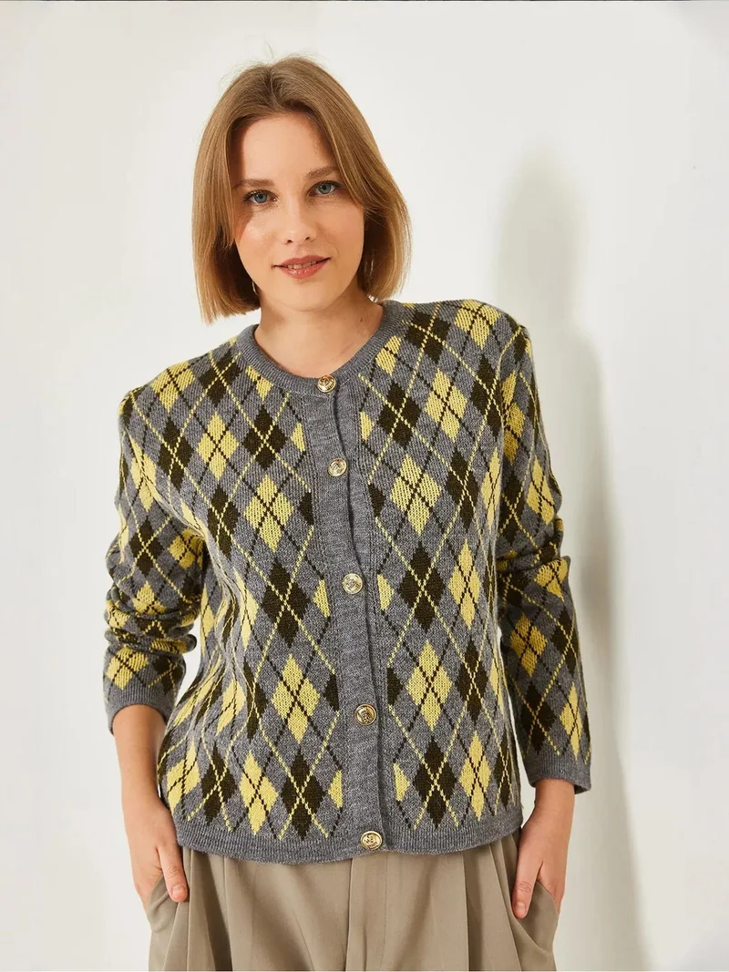 Bianco Lucci LUCCI Jacquard Patterned Long Sleeve Cardigan with Button Closure