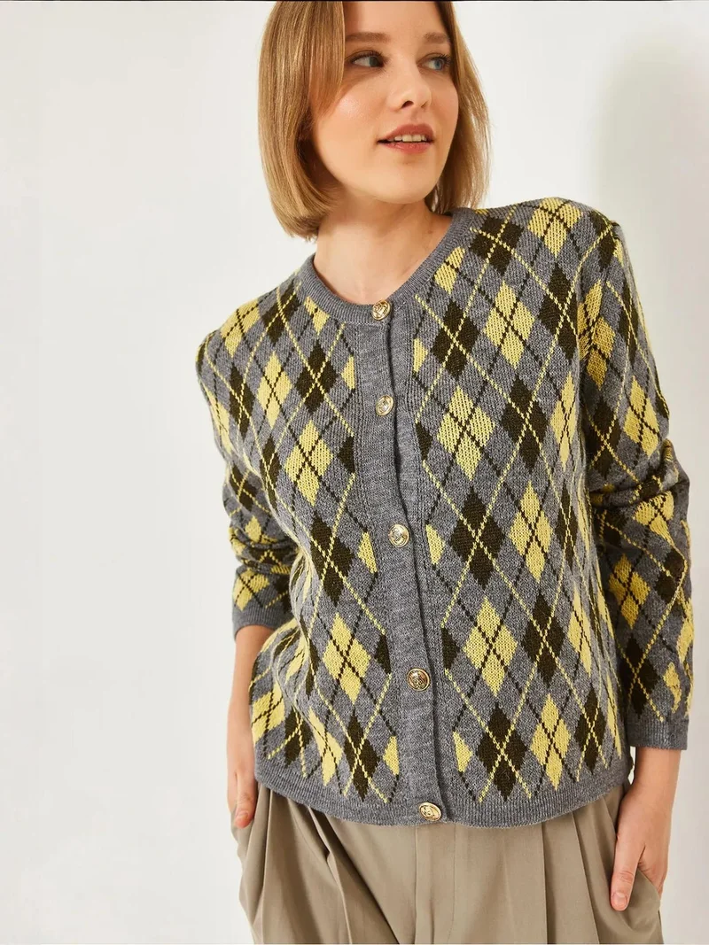 Bianco Lucci LUCCI Jacquard Patterned Long Sleeve Cardigan with Button Closure