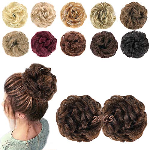 MORICA 2PCS Messy Bun Hair Piece Fake Hair Extension Curly Wavy Synthetic Chignon Scrunchies Ponytail Hair Pieces for Thin Hair Women Dark Brown  Light Auburn Mixed