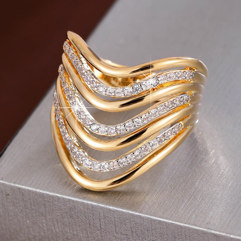 WU Elegant Irregular Hollow Geometric Ring with Zircon Inlay - Multi-Layer Stacking Design - Image 1