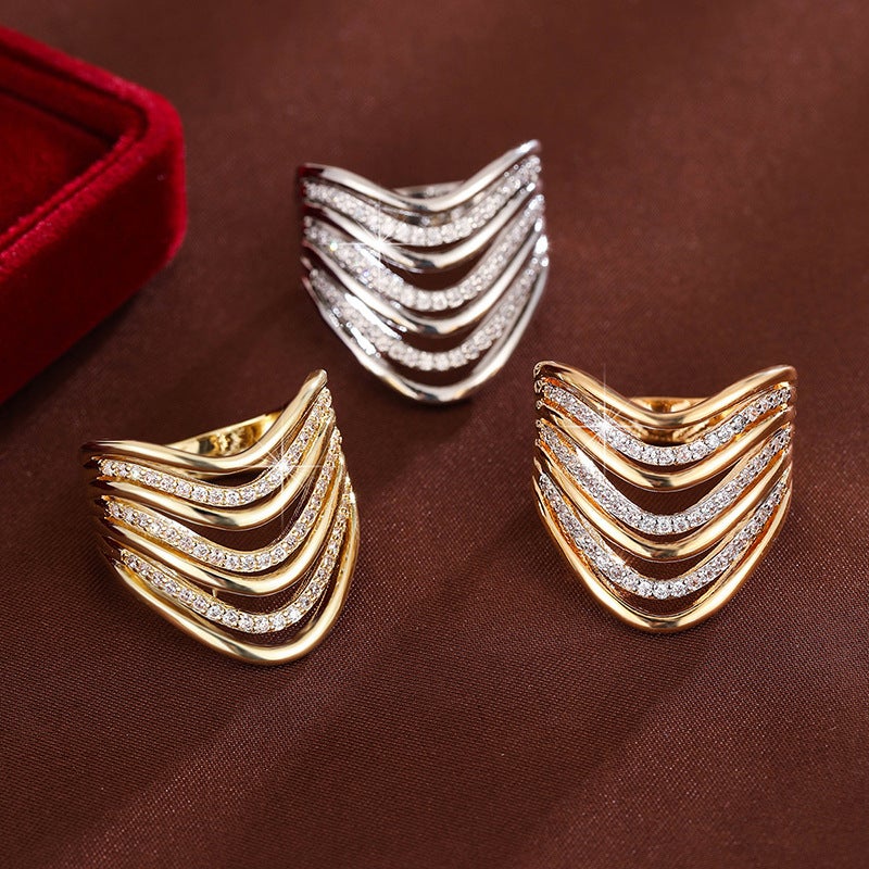 WU Elegant Irregular Hollow Geometric Ring with Zircon Inlay - Multi-Layer Stacking Design - Image 3