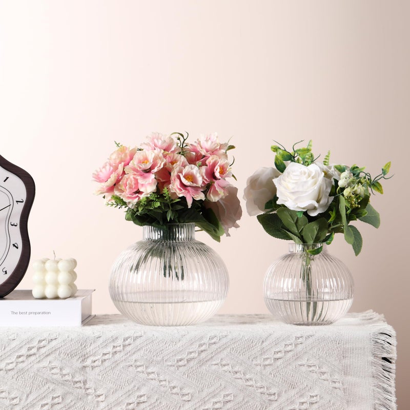Yanwe1 Round Glass Vases Set Of 2  Flower Vases For Bouquet  Ribbed Glass Vase For Flowers  Small Clear Vase For Living Room  Office  Coffee Table  Shelf  Wedding - Image 3