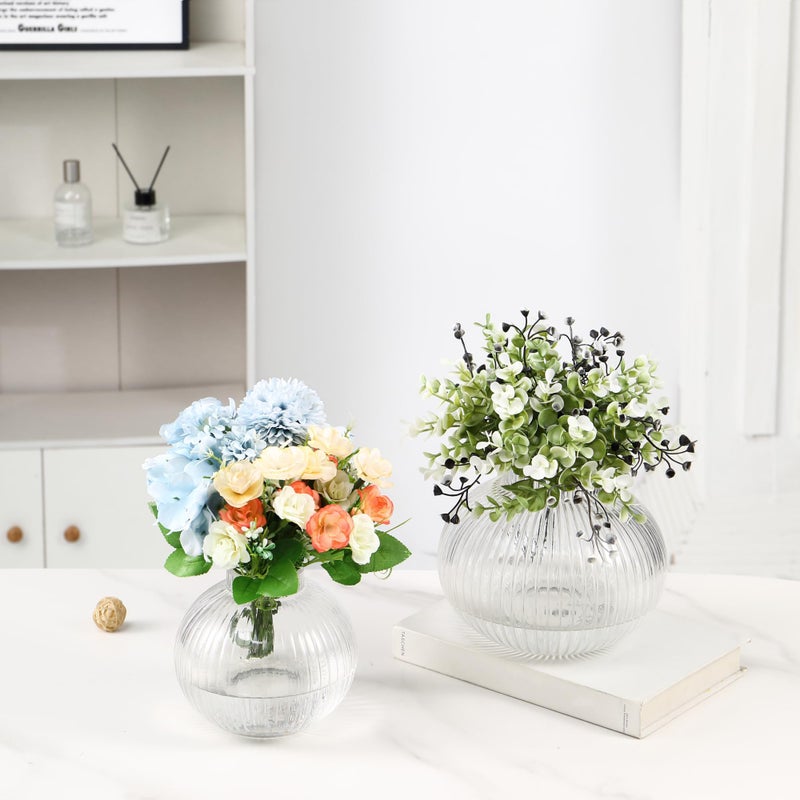 Yanwe1 Round Glass Vases Set Of 2  Flower Vases For Bouquet  Ribbed Glass Vase For Flowers  Small Clear Vase For Living Room  Office  Coffee Table  Shelf  Wedding - Image 2