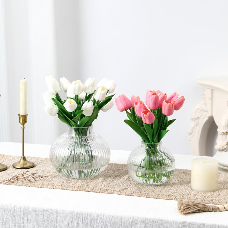 Yanwe1 Round Glass Vases Set Of 2  Flower Vases For Bouquet  Ribbed Glass Vase For Flowers  Small Clear Vase For Living Room  Office  Coffee Table  Shelf  Wedding - Image 4
