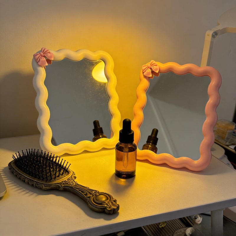 White Bow Wavy Makeup Mirror High Definition Vanity Mirror Desk Standing Or Wall Mounted Room Decor Back To School Dorm Supplies - Image 2