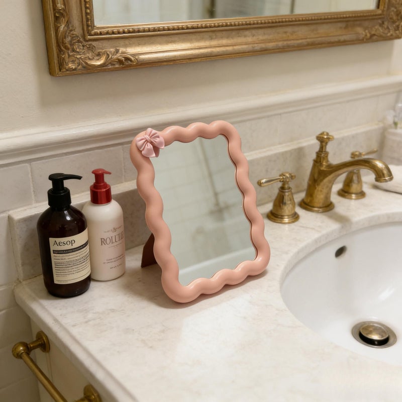 White Bow Wavy Makeup Mirror High Definition Vanity Mirror Desk Standing Or Wall Mounted Room Decor Back To School Dorm Supplies - Image 5
