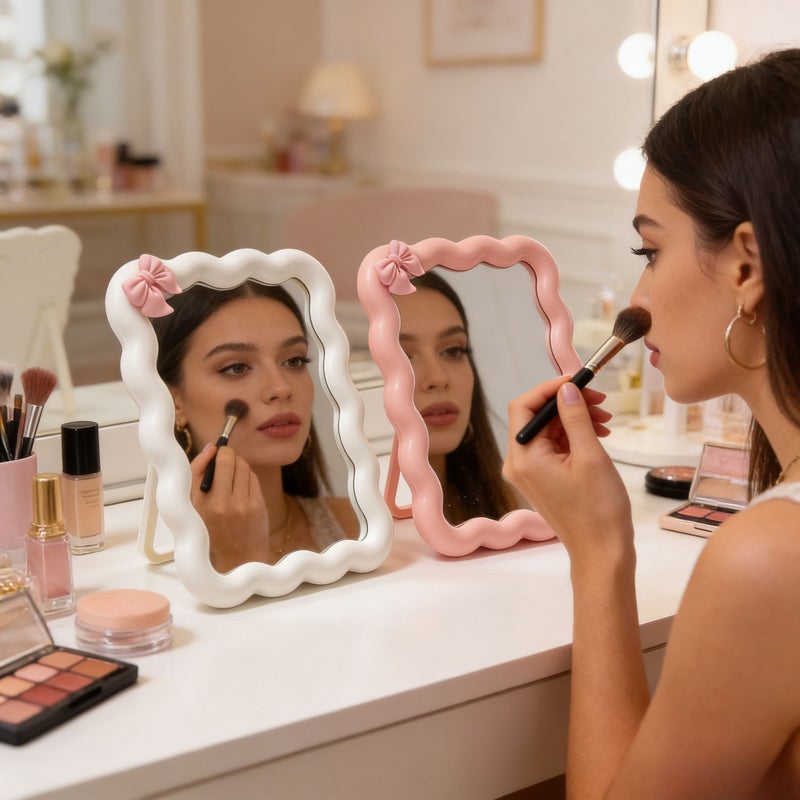 White Bow Wavy Makeup Mirror High Definition Vanity Mirror Desk Standing Or Wall Mounted Room Decor Back To School Dorm Supplies - Image 1