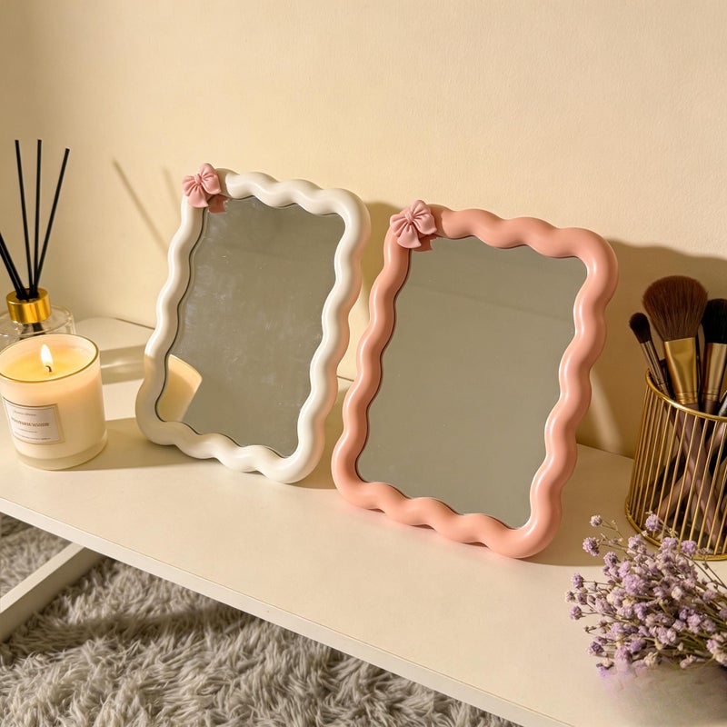 White Bow Wavy Makeup Mirror High Definition Vanity Mirror Desk Standing Or Wall Mounted Room Decor Back To School Dorm Supplies - Image 4