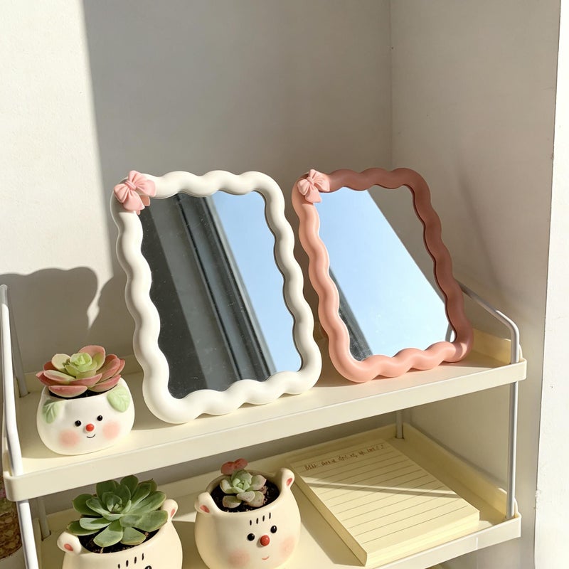White Bow Wavy Makeup Mirror High Definition Vanity Mirror Desk Standing Or Wall Mounted Room Decor Back To School Dorm Supplies - Image 3