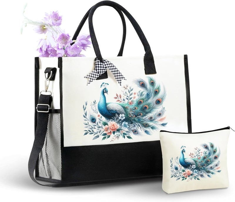 INNObeta InnoBeta Peacock Gifts Canvas Tote Bag with Top Zipper Closure and Shoulder Strap for Birthday Christmas and Every Special Occasion - Image 1