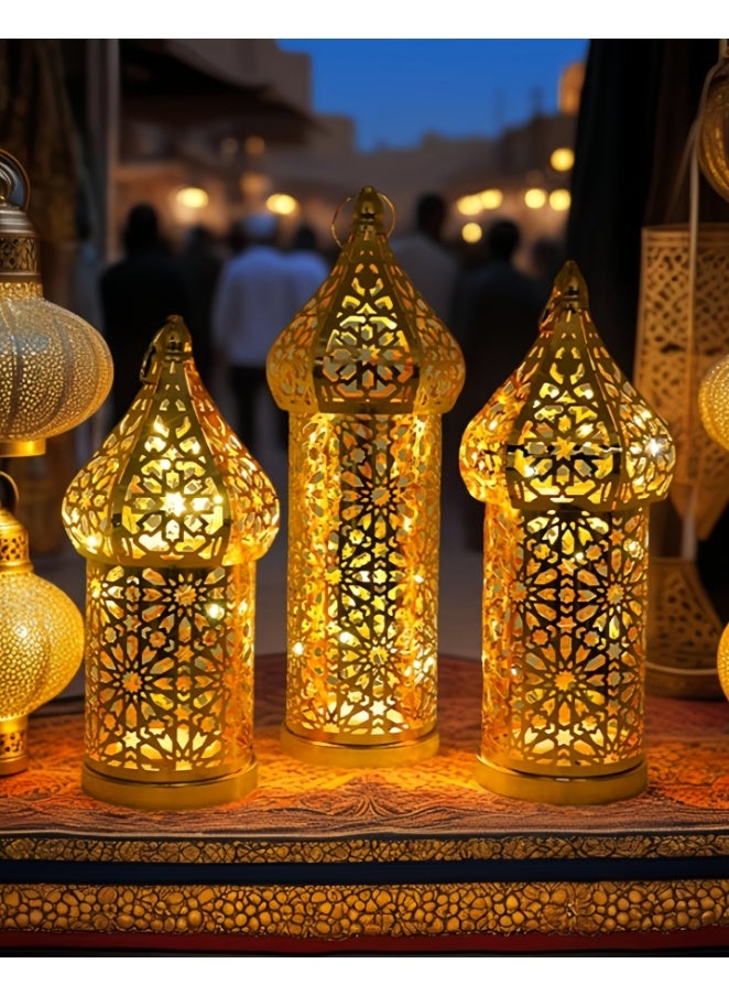 3 Pack Moroccan Metal Lantern, Hollow Ramadan & Eid Islamic Festival Decor, Hanging Candle Holder, Muslim Holiday Tabletop Lantern, Boho Themed Party Centerpiece for Home Decorations (YB22-ZH1) - Image 1
