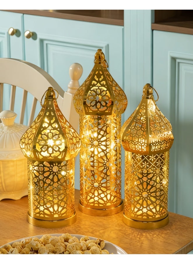 3 Pack Moroccan Metal Lantern, Hollow Ramadan & Eid Islamic Festival Decor, Hanging Candle Holder, Muslim Holiday Tabletop Lantern, Boho Themed Party Centerpiece for Home Decorations (YB22-ZH1) - Image 2