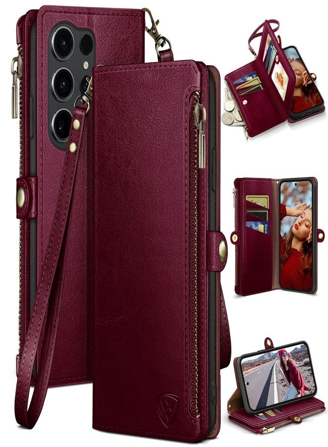 XcaseBar compatible with Samsung Galaxy S25 Ultra Wallet case with Zipper Credit Card Holder【RFID Blocking】,Flip Folio Book PU Leather Phone case Shockproof Cover Women Men for S25 Ultra case Wine Red - Image 1