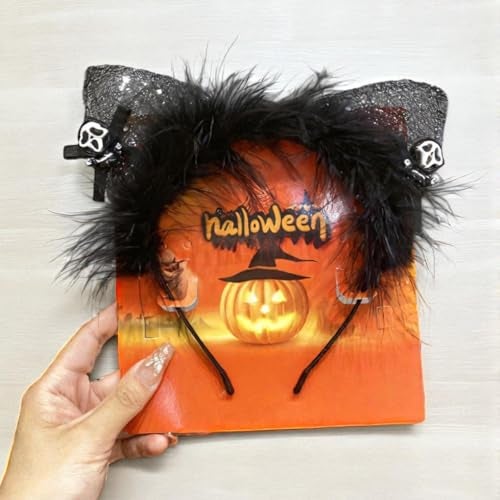 TLISMI Halloween Headband for Women & Girls – Spooky Cosplay Costume Hair Accessory with Glitter Cat Ears, Black Feather Trim & Scary Skull Charms | Fun Party Dress Up Props for Halloween Party - Image 5