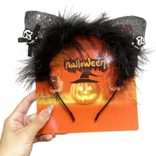 TLISMI Halloween Headband for Women & Girls – Spooky Cosplay Costume Hair Accessory with Glitter Cat Ears, Black Feather Trim & Scary Skull Charms | Fun Party Dress Up Props for Halloween Party - Image 1