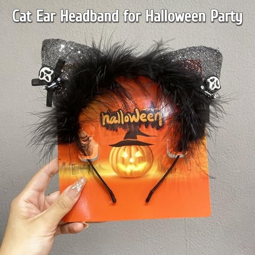 TLISMI Halloween Headband for Women & Girls – Spooky Cosplay Costume Hair Accessory with Glitter Cat Ears, Black Feather Trim & Scary Skull Charms | Fun Party Dress Up Props for Halloween Party - Image 2
