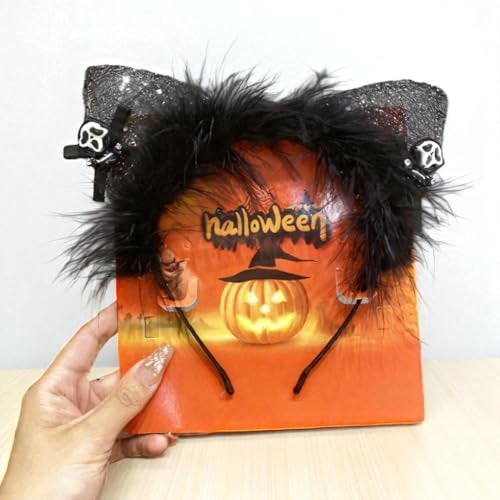 TLISMI Halloween Headband for Women & Girls – Spooky Cosplay Costume Hair Accessory with Glitter Cat Ears, Black Feather Trim & Scary Skull Charms | Fun Party Dress Up Props for Halloween Party - Image 4