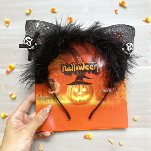 TLISMI Halloween Headband for Women & Girls – Spooky Cosplay Costume Hair Accessory with Glitter Cat Ears, Black Feather Trim & Scary Skull Charms | Fun Party Dress Up Props for Halloween Party - Image 3