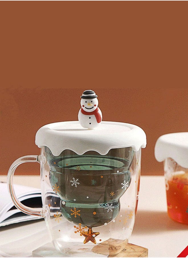 XiuWoo Double Insulated Glass Coffee Cup Water Cup Tea Cup Milk Cup With Lid - Snowman  - Image 1