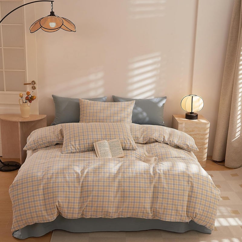 VC Life VClife Twin Size 100% Washed Cotton Duvet Cover for Men and Women 3 Pieces with Zipper Breathable Comfortable Linen Like All Seasons Yellow Blue Check - Image 1