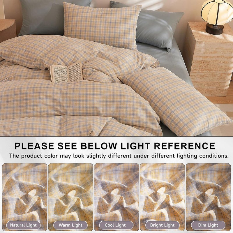 VC Life VClife Twin Size 100% Washed Cotton Duvet Cover for Men and Women 3 Pieces with Zipper Breathable Comfortable Linen Like All Seasons Yellow Blue Check - Image 2