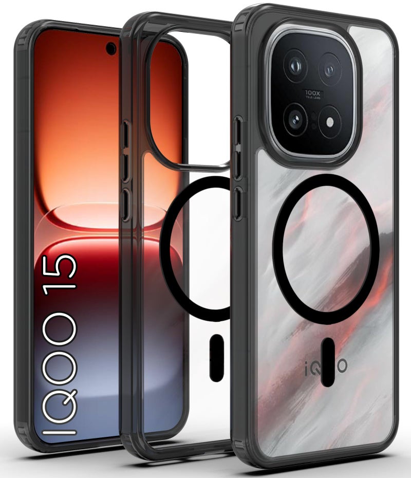 RIGGEAR Shockproof Clear Hybrid Armor Magnetic Back Cover Case Compatible with MagSafe Accessories for iQOO 15 5G (Clear-Black TPU Bumper + PC Transparent)(Black) - Image 1