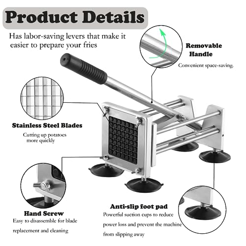 Coosoromas French Fry Cutter，Professional Stainless Steel Potato Cutter， Press Fries with 1/2-Inch and 3/8-Inch Blade Great for Potatoes - Image 2