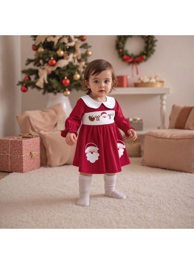 SHUING Kids Baby Toddler Girl Christmas Clothes A-line Plaid Dress Puff Sleeve Santa Claus Embroidery Smocked Party Dress, Red a, 12-18 Months - Image 3