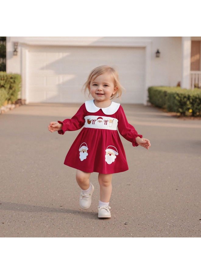 SHUING Kids Baby Toddler Girl Christmas Clothes A-line Plaid Dress Puff Sleeve Santa Claus Embroidery Smocked Party Dress, Red a, 12-18 Months - Image 2