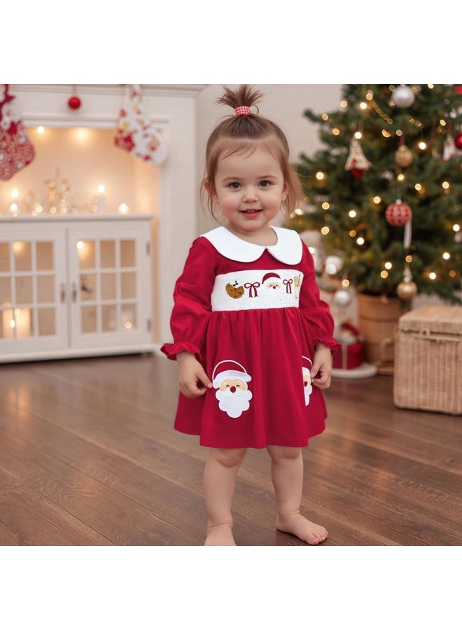 SHUING Kids Baby Toddler Girl Christmas Clothes A-line Plaid Dress Puff Sleeve Santa Claus Embroidery Smocked Party Dress, Red a, 12-18 Months - Image 5
