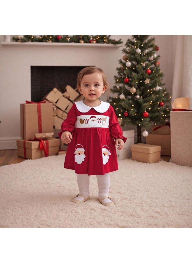 SHUING Kids Baby Toddler Girl Christmas Clothes A-line Plaid Dress Puff Sleeve Santa Claus Embroidery Smocked Party Dress, Red a, 12-18 Months - Image 4