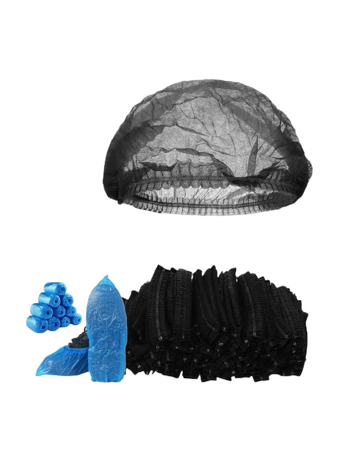 مازكو ١٠٠ غطاء حذاء أزرق غير قابل للانزلاق و١٠٠ غطاء رأس أسود – مقاوم للماء والغبار ومريح للاستخدام في المطاعم، الصالونات، المطابخ والمستشفيات – طقم حماية ونظافة ٢ في ١ - Image 1