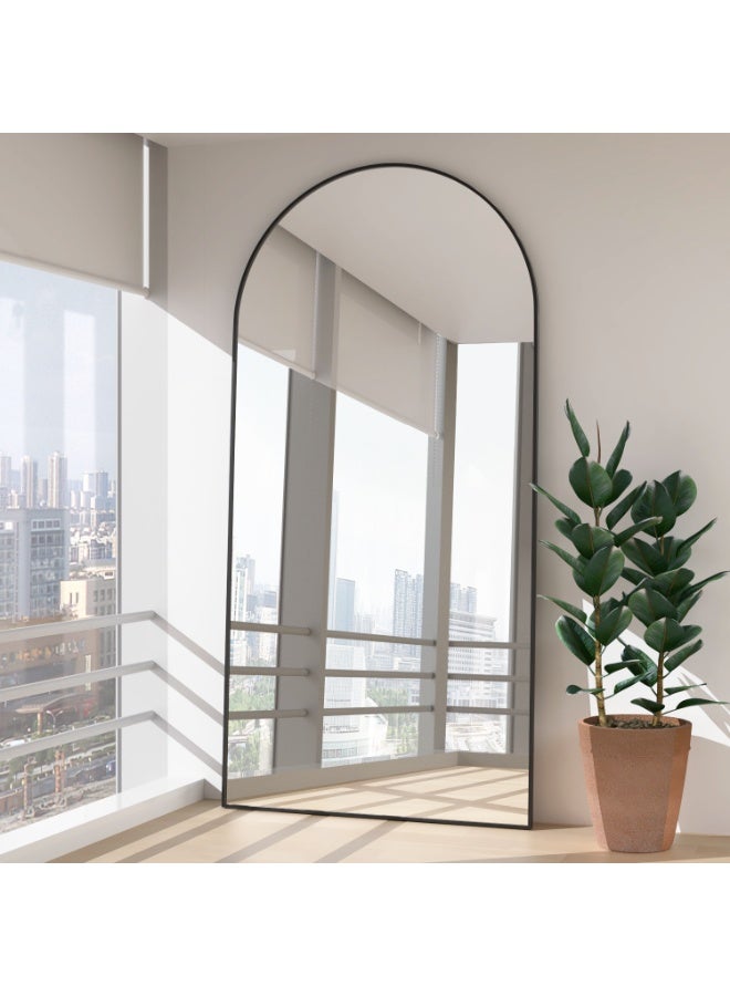 CASSILANDO مرآة أرضية مقوسة 193x86 سم مرآة كاملة الطول مقوسة مع حامل مرآة حائط كبيرة سوداء مرآة كاملة الجسم قائمة معلقة أو متكئة على الحائط لغرفة النوم المدخل، غرفة النوم، غرفة المعيشة