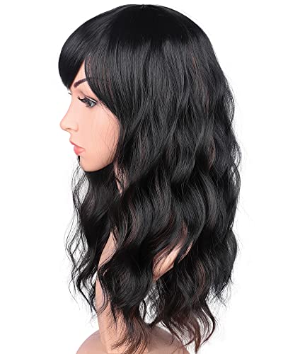 SYMEIW Black Wavy Wig With Brown Highlights For Women - Medium Long Synthetic Wig With Bangs For Daily Use (Black With Brown Highlights) - Image 3